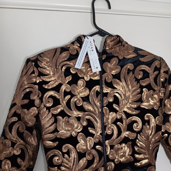 alice +olivia inka mock neck dress in black and gold size6 - Picture 6 of 8